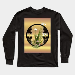 White iris watercolor flowers with a chinese lattice Long Sleeve T-Shirt